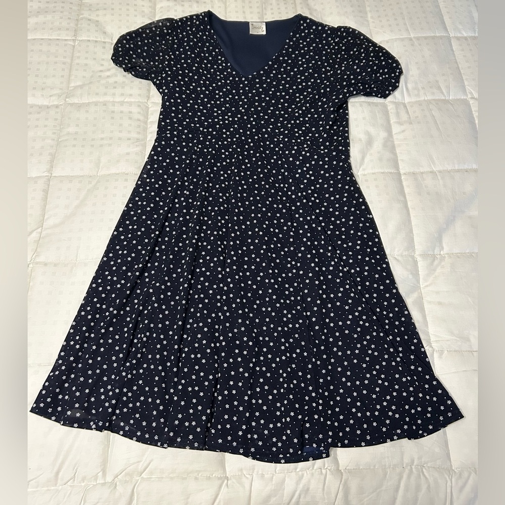 Navy Blue Floral Dress with Bows on the Sleeves